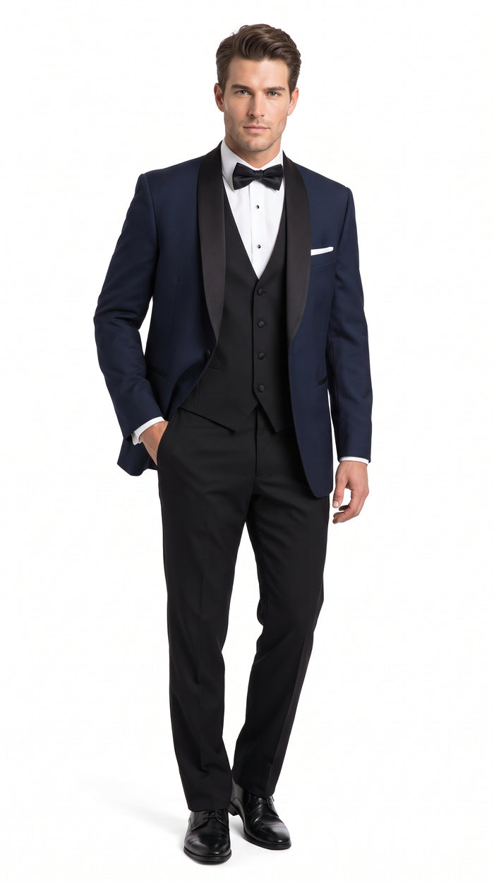 Men’s Big & Tall Navy Blue Tuxedo – Black Satin Shawl Lapel Formal Wedding & Prom Suit