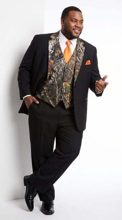 Men’s Black Camo Tuxedo Suit, Slim Fit 2 Button Wedding Prom Suit with Camouflage Vest and Lapels