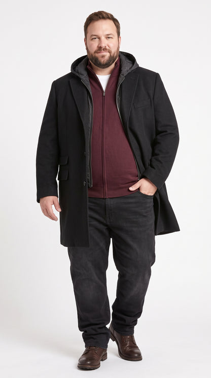 Men’s Black Hooded Overcoat, Formal Topcoat with Removable Hoodie Style