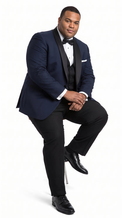 Men’s Big & Tall Navy Blue Tuxedo – Black Satin Shawl Lapel Formal Wedding & Prom Suit