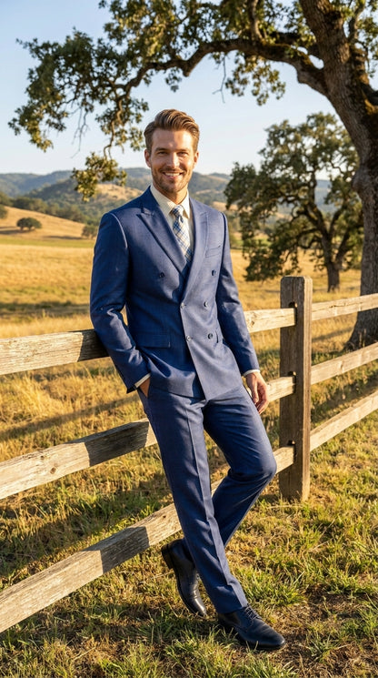 Vinci Men’s Blue Double Breasted Glen Plaid 2 Piece Suit, Formal Wedding Business Dress Suit Modern Fit