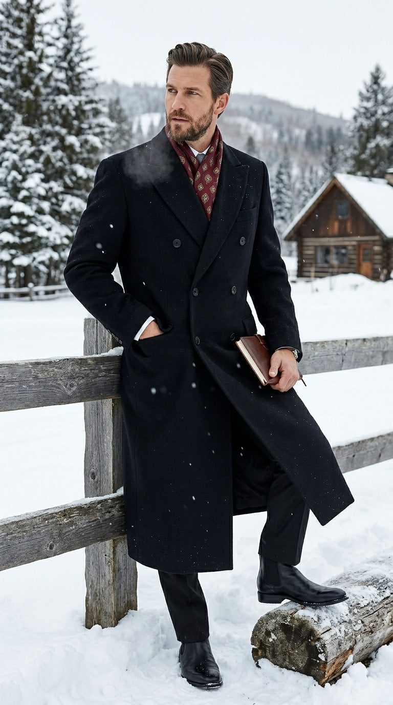 Men’s Black Six Button Fully Lined Overcoat, Long Winter Topcoat for Formal Business Wear