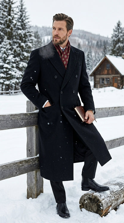 Men’s Black Six Button Fully Lined Overcoat, Long Winter Topcoat for Formal Business Wear