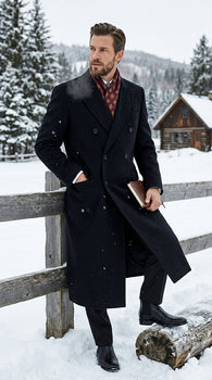 Men’s Black Six Button Fully Lined Overcoat, Long Winter Topcoat for Formal Business Wear