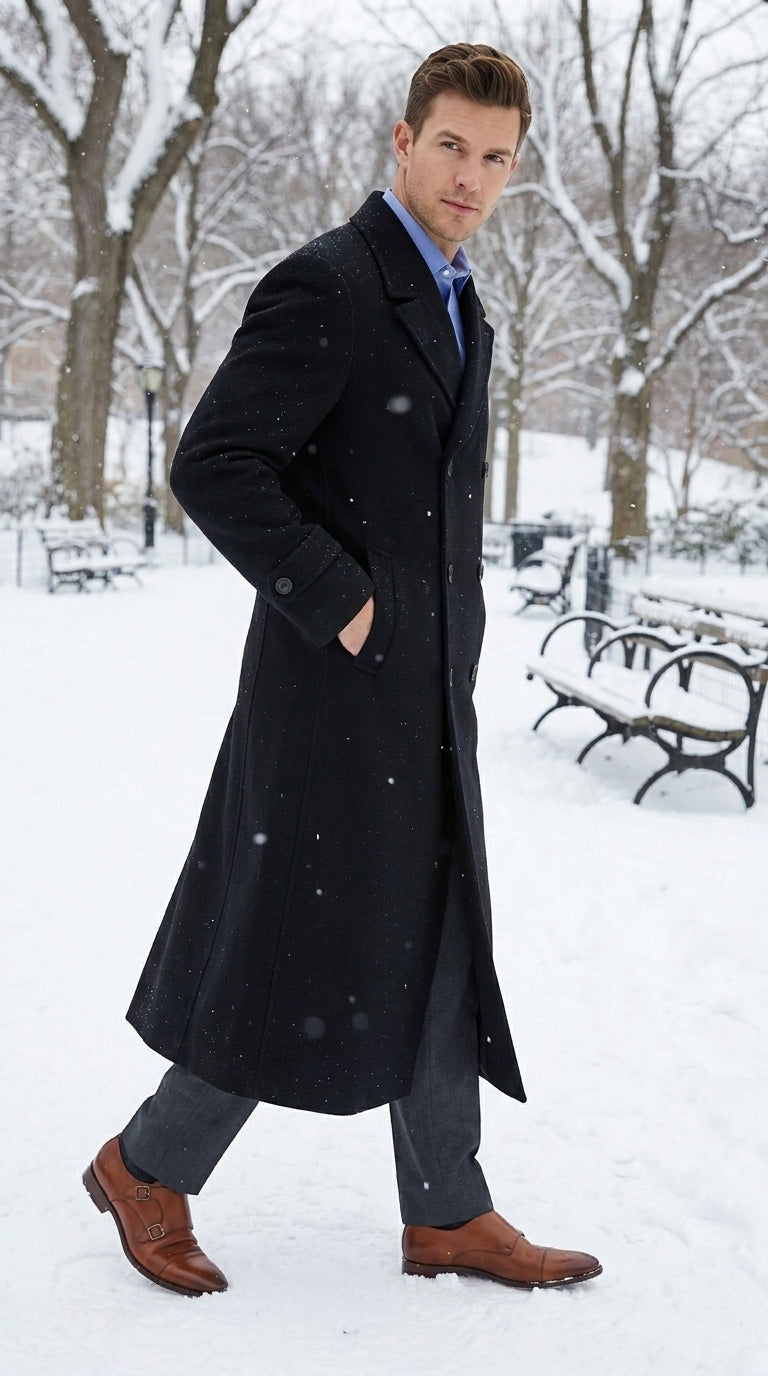 Men’s Black Diamond Solid Black Wool Double Breasted Gabardine Trench Coat