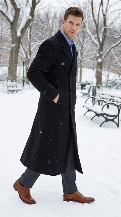Men’s Black Diamond Solid Black Wool Double Breasted Gabardine Trench Coat