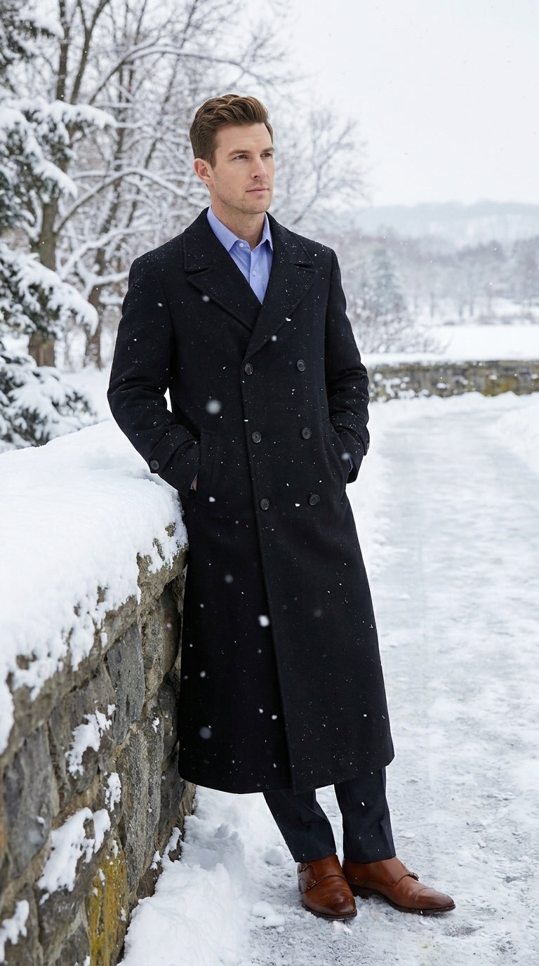 Men’s Black Diamond Solid Black Wool Double Breasted Gabardine Trench Coat