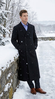 Men’s Black Diamond Solid Black Wool Double Breasted Gabardine Trench Coat