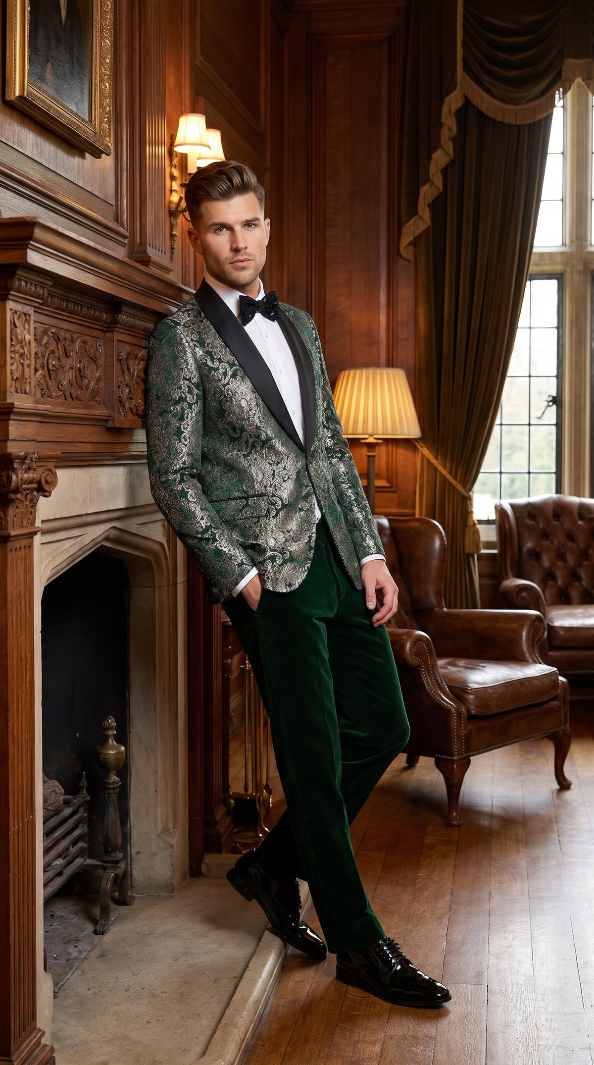 Men’s Emerald Green and Gold Floral Jacquard Tuxedo Suit, Black Satin Shawl Lapel Wedding Prom Formal Suit