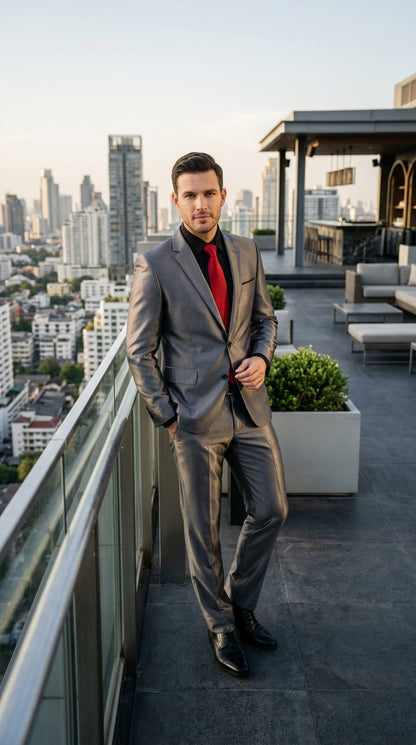 Men’s Shiny Sharkskin Charcoal Gray Suit, 2 Button Dark Grey Formal Suit with Flat Front Pants