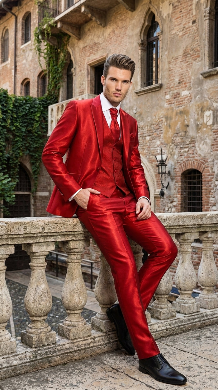 Men’s Red Shiny 3-Piece Suit – Satin Wedding, Prom, Party and Formal Suit with Vest