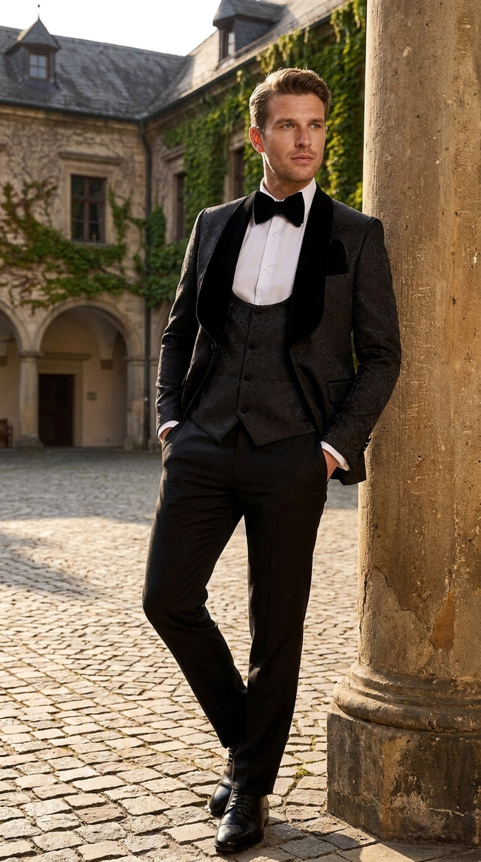 Rossi Man Men’s Black 3-Piece Tuxedo - Floral Jacquard Shawl Lapel Wedding and Prom Suit