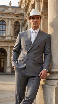 Men’s Grey 1920s Gangster Suit Package – Double-Breasted Suit with Untouchable Hat, Shirt and Tie