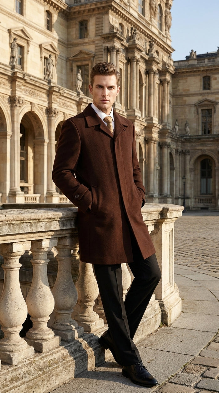 Men’s Brown Plush Microfiber Top Coat – Classic Full-Length Dress Coat for Business, Church and Formal Wear