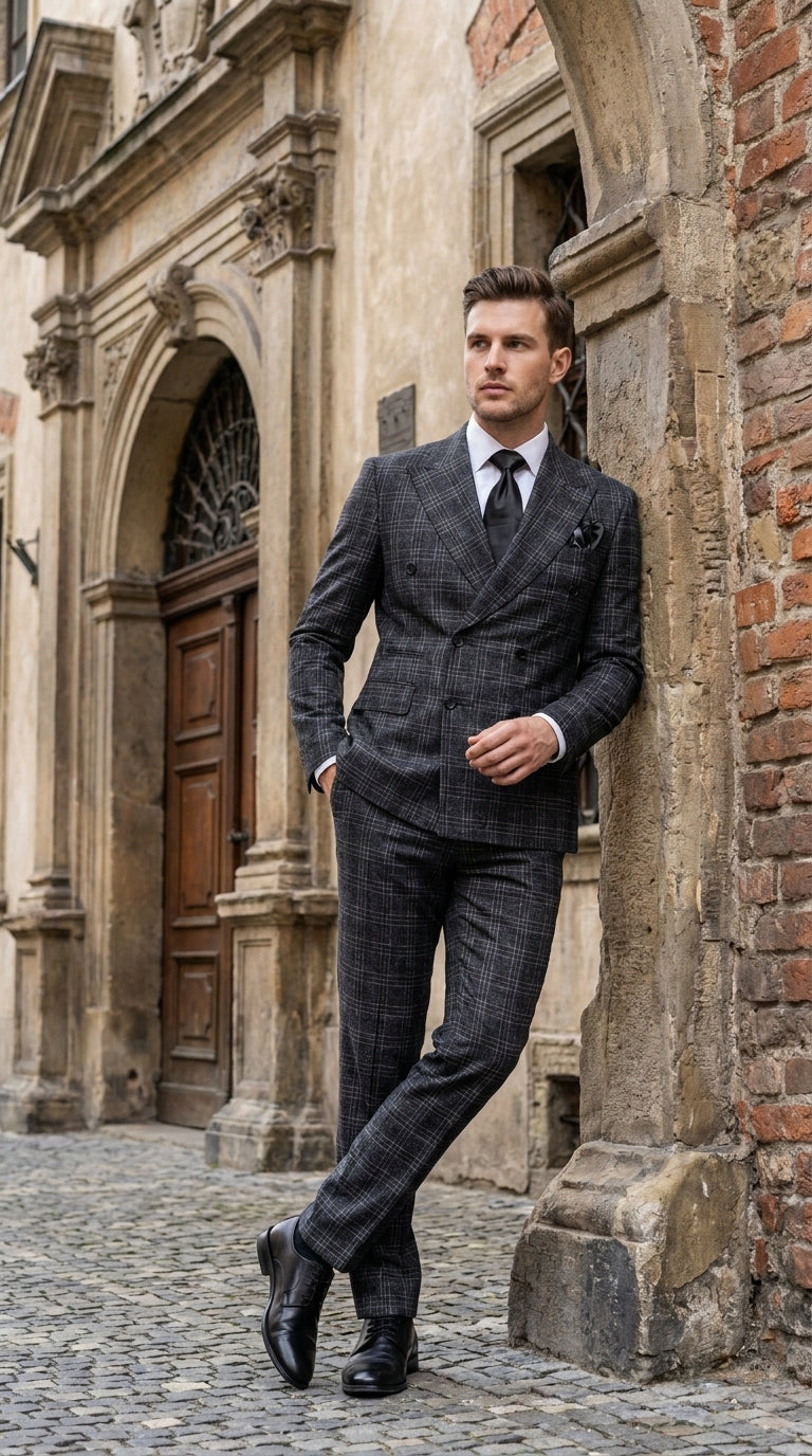 Rossi Man Men’s Charcoal Plaid Double-Breasted Suit – Windowpane Wedding, Business and Formal 2-Piece Suit  Modern Fit