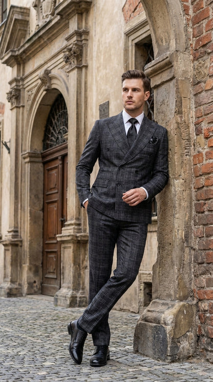 Rossi Man Men’s Charcoal Plaid Double-Breasted Suit – Windowpane Wedding, Business and Formal 2-Piece Suit  Modern Fit