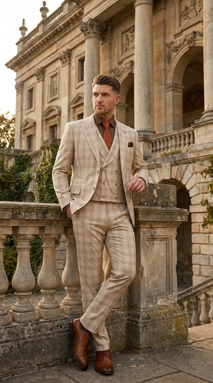 Marc Darcy Men’s Khaki Tan Windowpane Plaid 3-Piece Wedding Suit – Double-Breasted Vest and Matching Pants Modern Fit