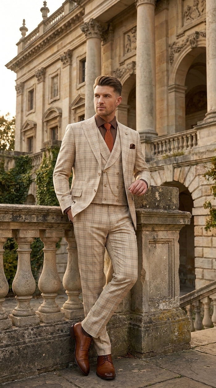 Marc Darcy Men’s Khaki Tan Windowpane Plaid 3-Piece Wedding Suit – Double-Breasted Vest and Matching Pants Modern Fit