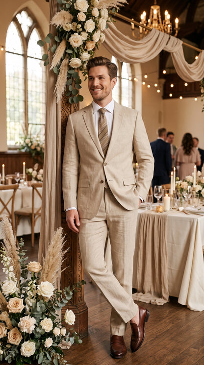 Men’s Beige Linen Suit, Lightweight 2 Button Prom Wedding Summer Suit
