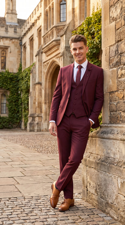 Mens 3-Piece Burgundy Slim Fit Suit with Vest – Wedding, Prom and Formal Wear
