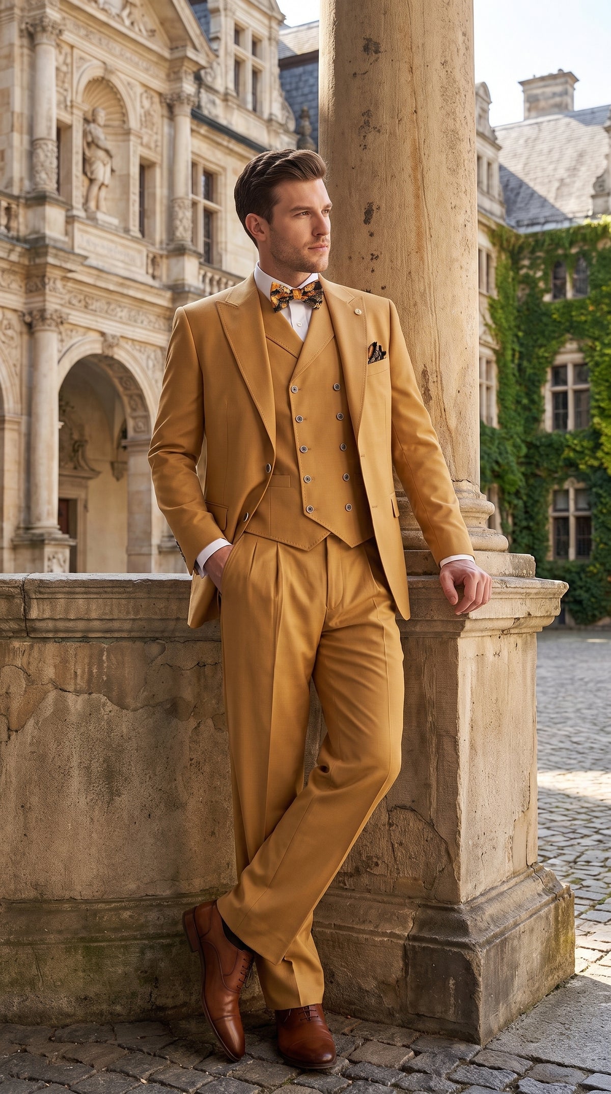 Men’s Camel Big & Tall 3-Piece Wool Suit – Peak Lapel Classic Fit with Double-Breasted Vest & Pleated Pants