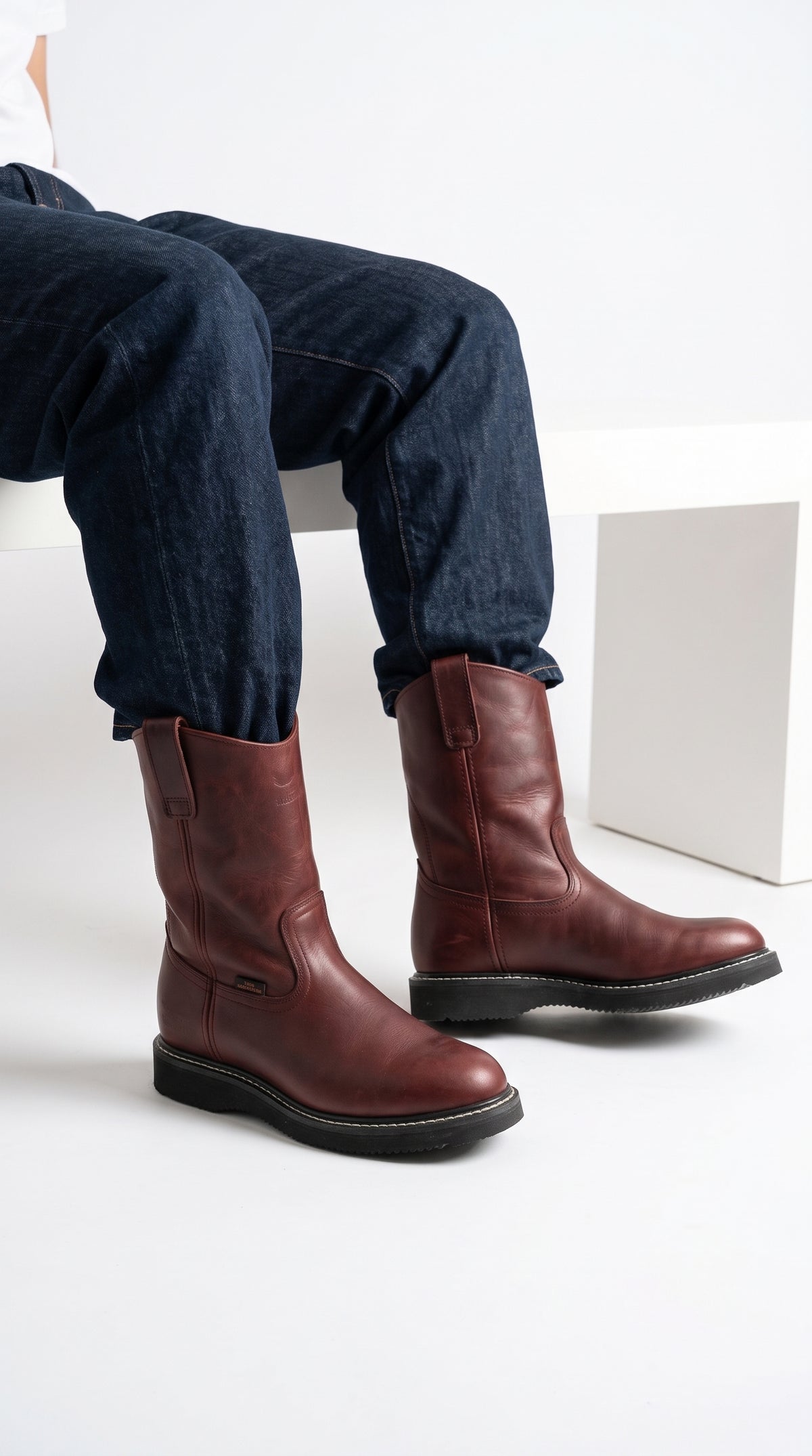 Los Altos Men’s Burgundy Grasso Nappa Leather Work Boots, Pull-On Western Work Boots – Botines Para Hombre