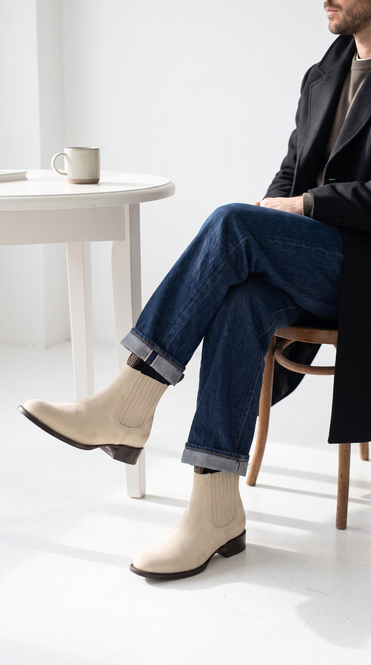 Men’s Hueso Bone White Charro Ankle Boots, Square Toe Western Leather Botines Para Hombre