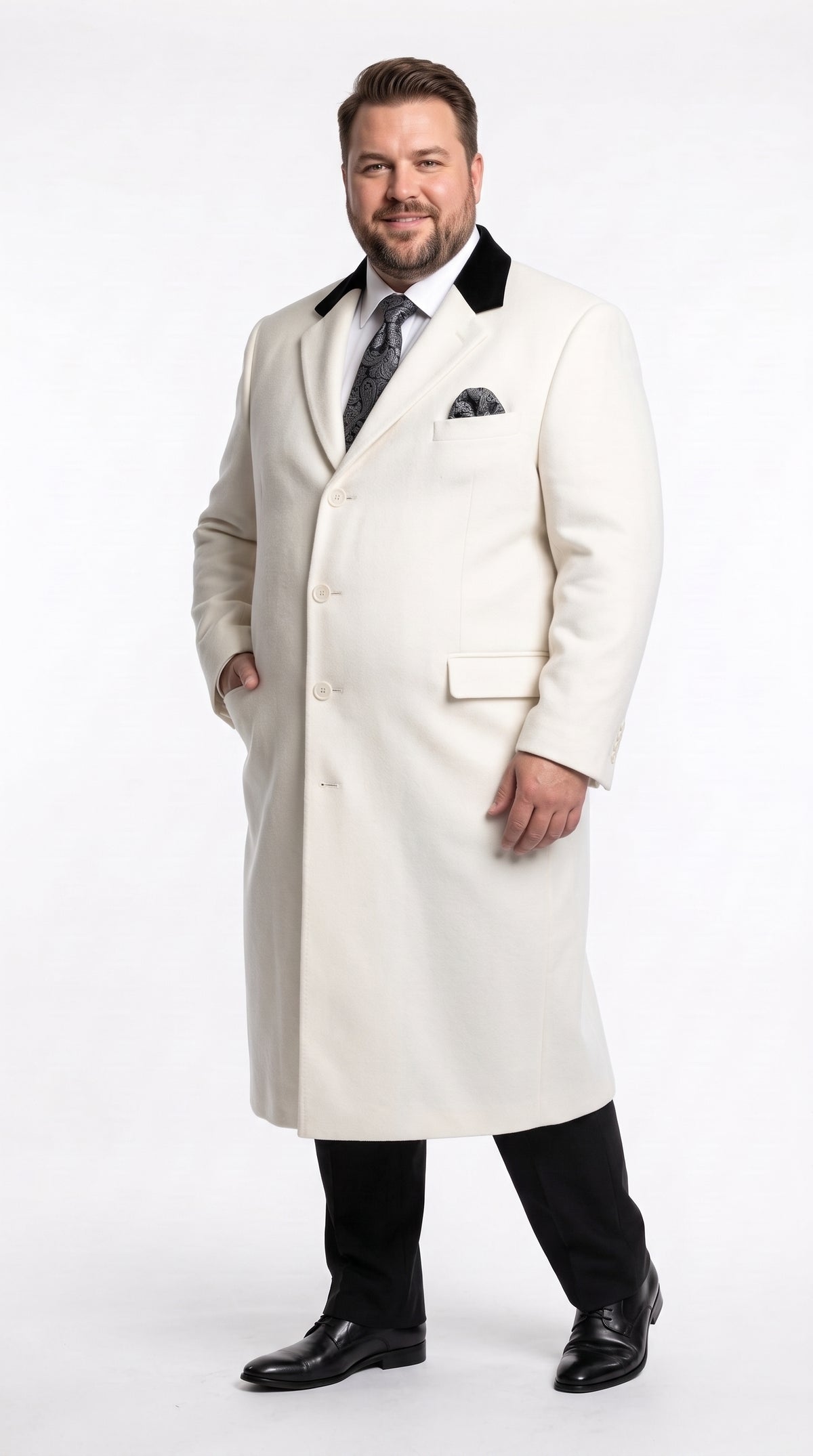 Men’s Winter White Chesterfield Overcoat, Wool and Cashmere Full Length Dress Coat