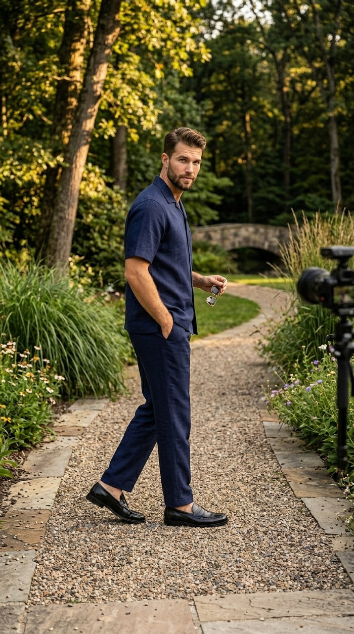 Men’s Dark Navy Linen Short Sleeve Walking Suit, Casual 2 Piece Shirt and Pleated Pants Set