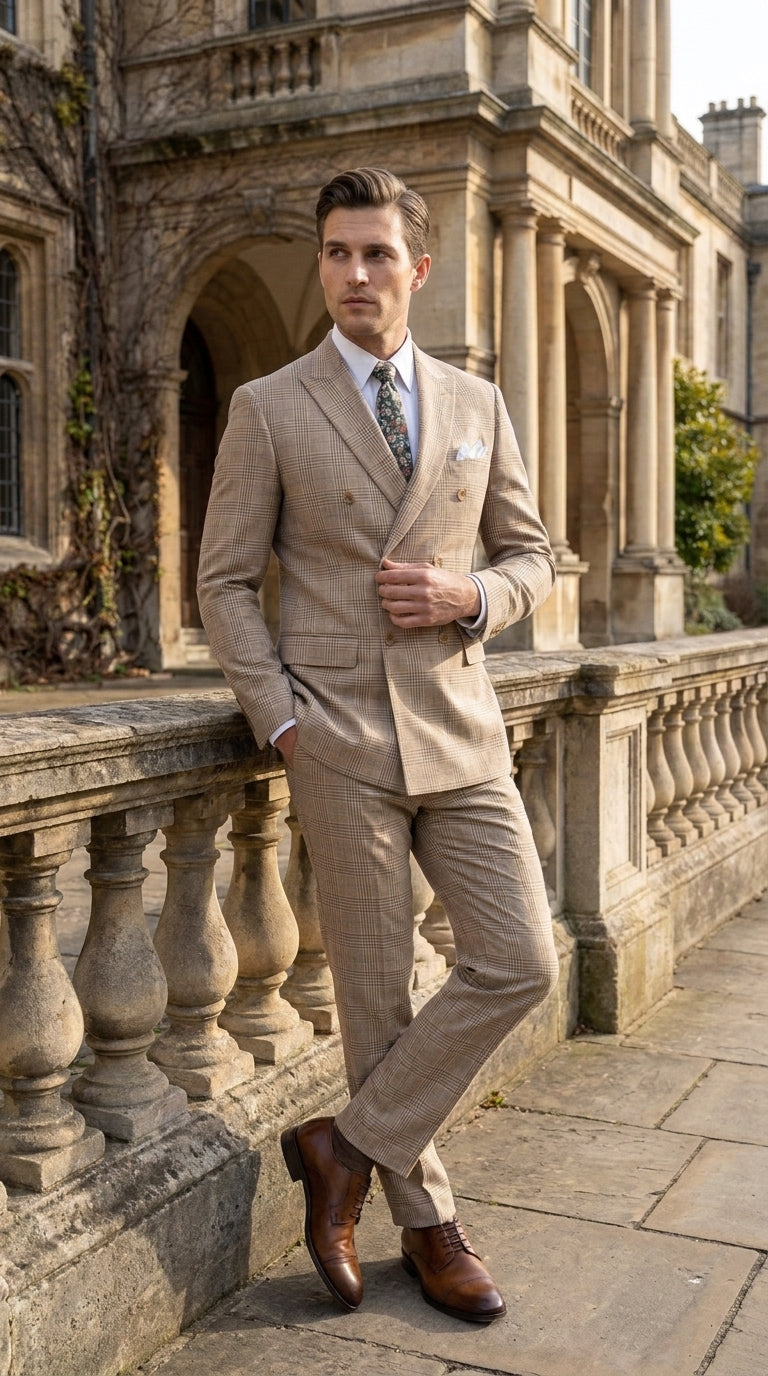 Alexander Collection Men’s Beige Double-Breasted Windowpane Suit – Regular Fit 2-Piece Wedding, Business and Formal Suit