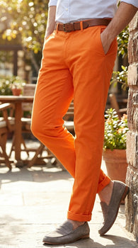Men’s Orange Dress Pants with Flat Front, Smart Casual Formal Trousers