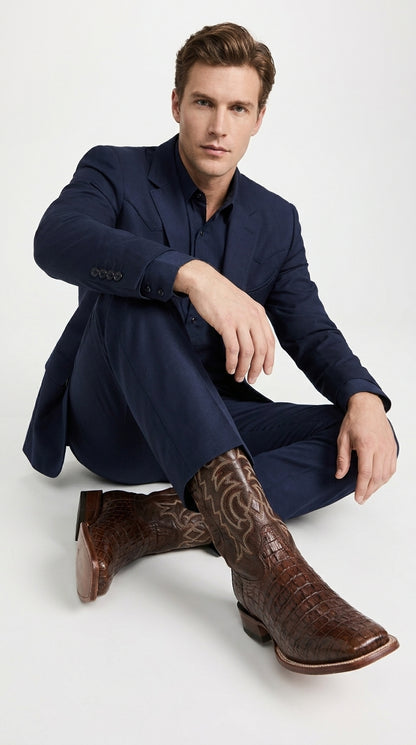 Men’s Brown Caiman Square Toe Cowboy Boots, Exotic Western Dress Boots for Rodeo and Country Wear