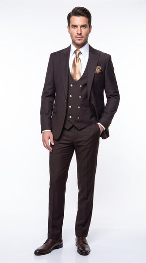 Rossi Man Max Chocolate Brown 3-Piece Suit – Men’s Formal Suit with Double-Breasted Vest & Gold Buttons