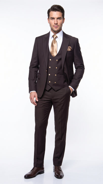 Rossi Man Max Chocolate Brown 3-Piece Suit – Men’s Formal Suit with Double-Breasted Vest & Gold Buttons