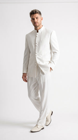 Men’s Ivory Cream Mandarin Collar 2 Piece Suit, Off White Banded Collar Formal Wedding Church Suit