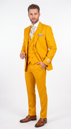 Rossi Man ELI RM103 – Men’s Bold Yellow Modern Fit 3-Piece Suit with Peak Lapel