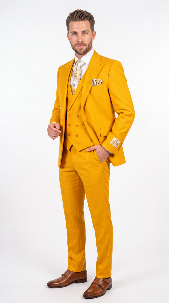 Rossi Man ELI RM103 – Men’s Bold Yellow Modern Fit 3-Piece Suit with Peak Lapel