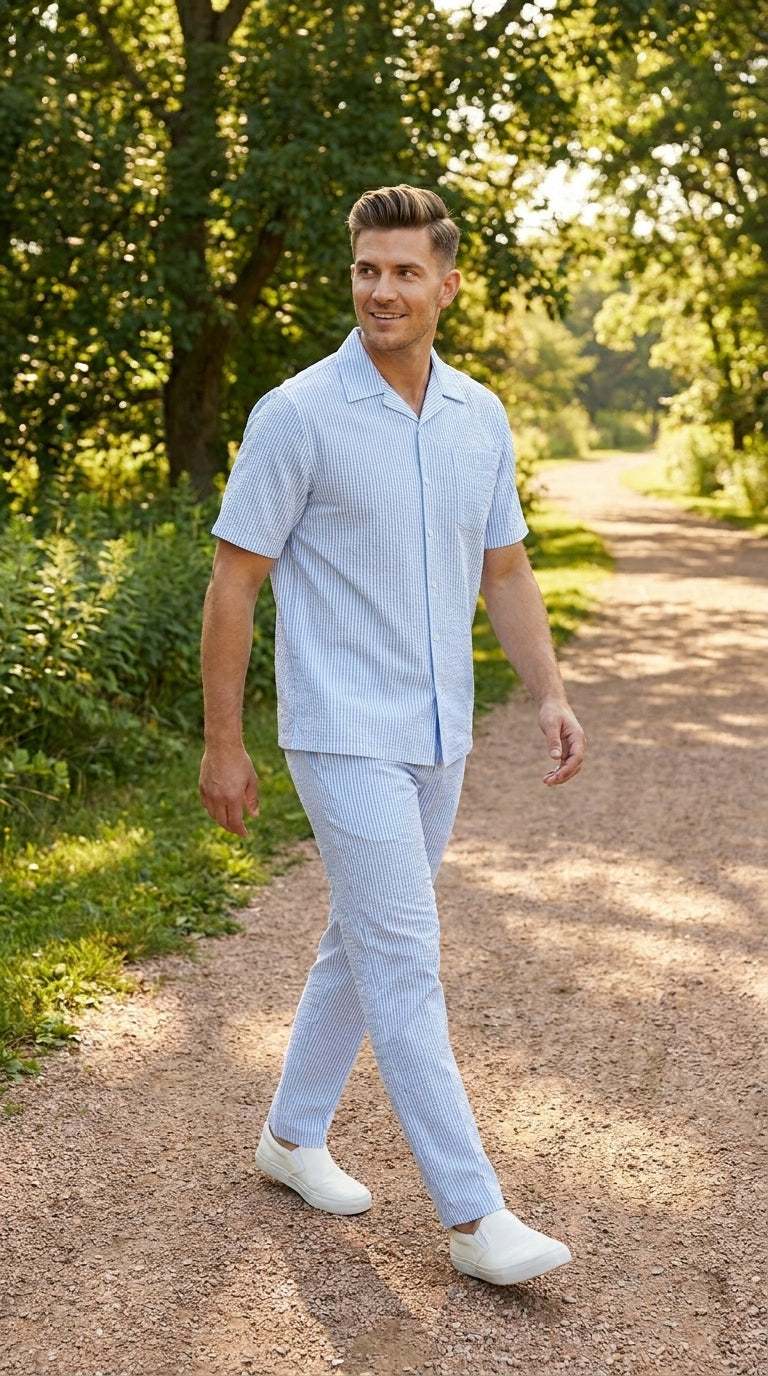 Men’s Blue Seersucker 2 Piece Walking Set, Short Sleeve Shirt and Pants Summer Outfit