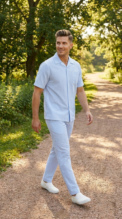 Men’s Blue Seersucker 2 Piece Walking Set, Short Sleeve Shirt and Pants Summer Outfit