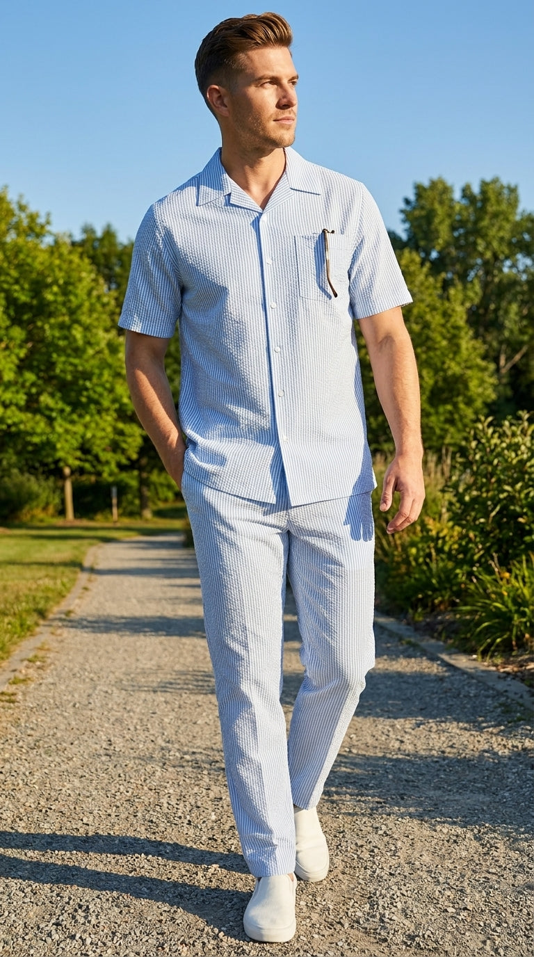 Men’s Blue Seersucker 2 Piece Walking Set, Short Sleeve Shirt and Pants Summer Outfit