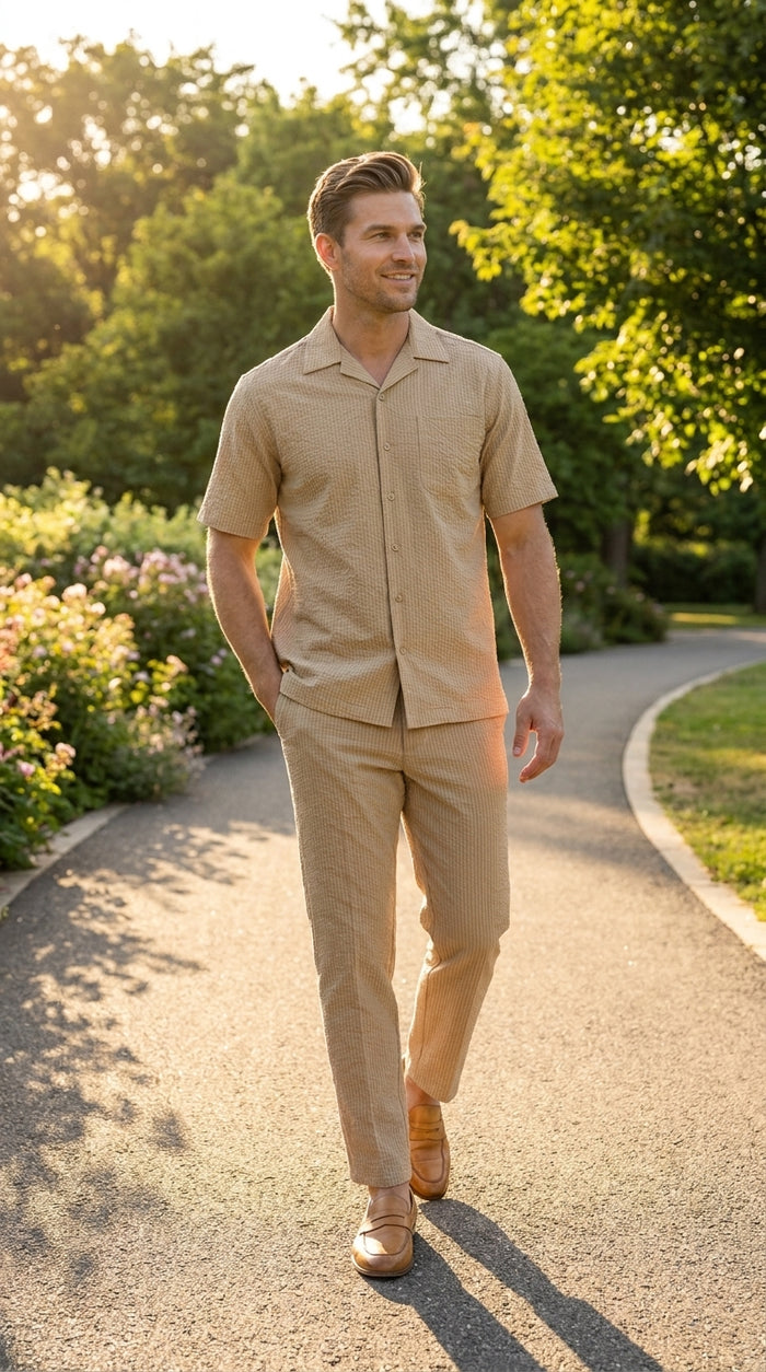 Men’s Blue Seersucker 2 Piece Walking Set, Short Sleeve Shirt and Pants Summer Outfit