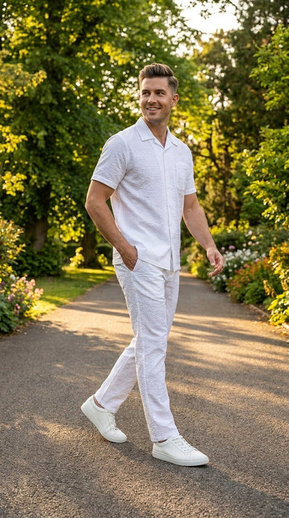 Men’s Blue Seersucker 2 Piece Walking Set, Short Sleeve Shirt and Pants Summer Outfit