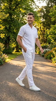 Men’s Blue Seersucker 2 Piece Walking Set, Short Sleeve Shirt and Pants Summer Outfit