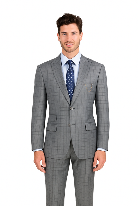 Catania Collection - Modern Fit Windowpane Suit 2 Piece in Medium Gray