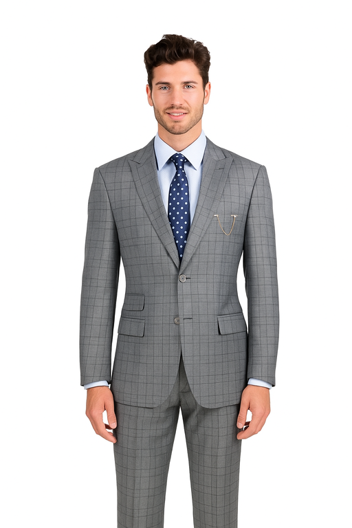 Catania Collection - Modern Fit Windowpane Suit 2 Piece in Medium Gray