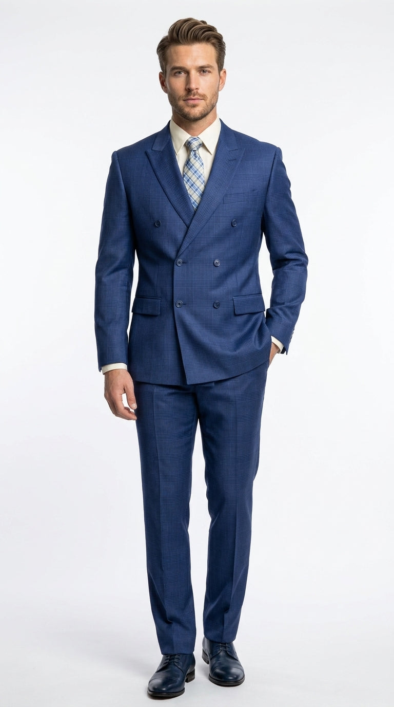 Vinci Men’s Blue Double Breasted Glen Plaid 2 Piece Suit, Formal Wedding Business Dress Suit Modern Fit