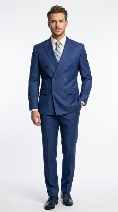 Vinci Men’s Blue Double Breasted Glen Plaid 2 Piece Suit, Formal Wedding Business Dress Suit Modern Fit