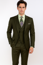 Classic Wool Fabric Fit - Pleated Pants - Peak Lapel With Double Breasted Vest - Athletic Fit Solid Olive Mens Suit