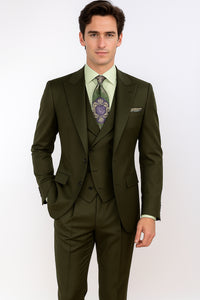 Classic Wool Fabric Fit - Pleated Pants - Peak Lapel With Double Breasted Vest - Athletic Fit Solid Olive Mens Suit