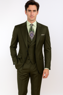 Classic Wool Fabric Fit - Pleated Pants - Peak Lapel With Double Breasted Vest - Athletic Fit Solid Olive Mens Suit